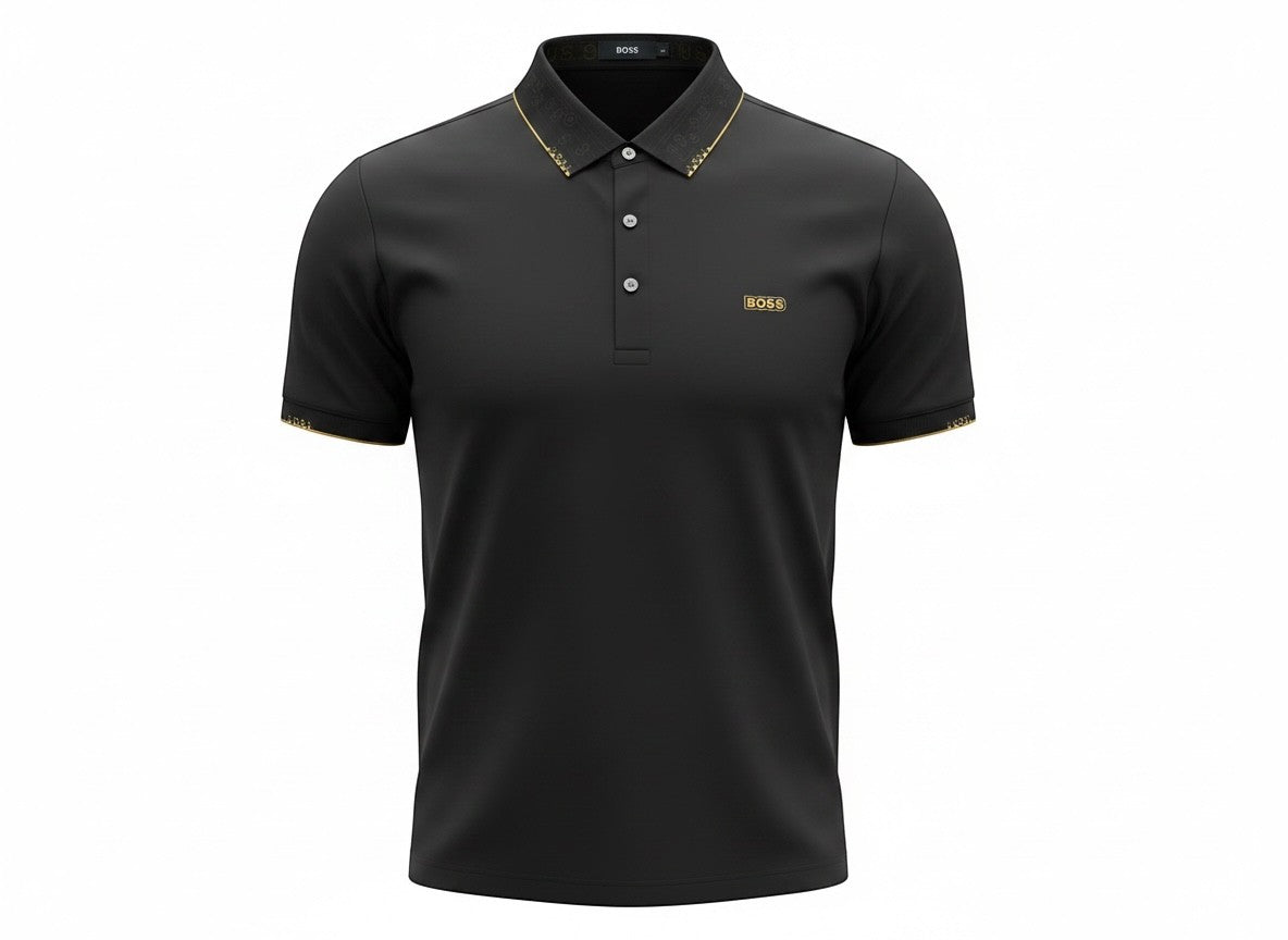 MASTERPIECE BOSS black polo shirt with gold collar detail and chest logo, made from smooth breathable fabric.
