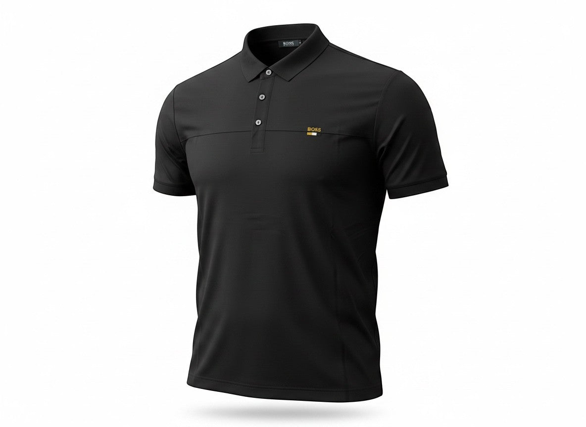 MASTERPIECE black short-sleeve polo shirt with a classic collar, button placket, and subtle perforated logo detail on the chest.
