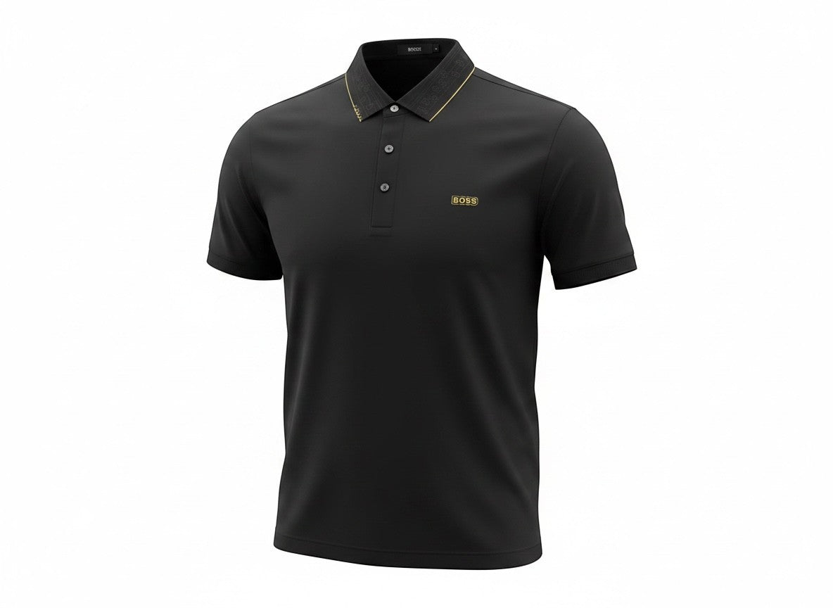 MASTERPIECE BOSS black polo shirt with gold collar detail and chest logo, made from smooth breathable fabric.