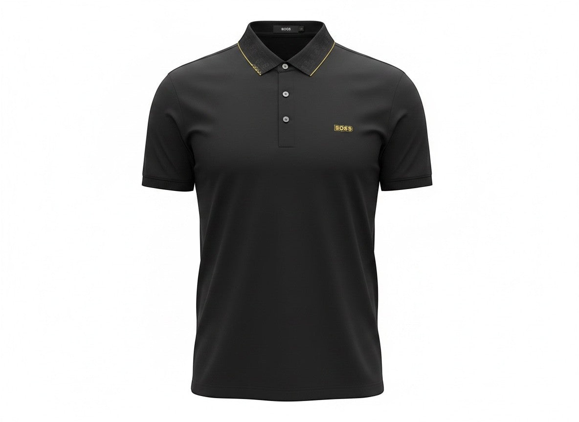 MASTERPIECE BOSS black polo shirt with gold collar detail and chest logo, made from smooth breathable fabric.