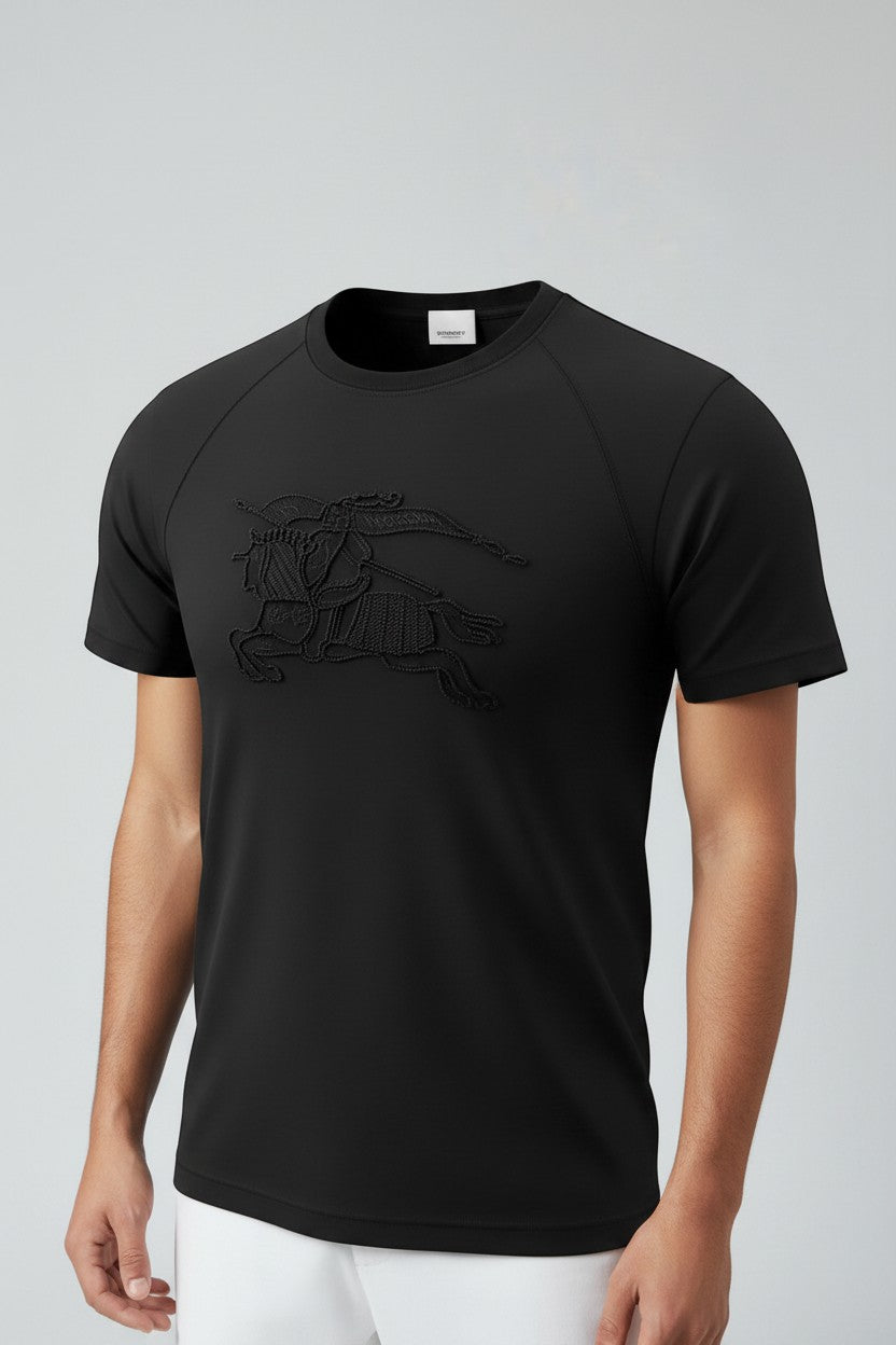 MASTERPIECE black cotton t-shirt with tonal embossed Burberry knight logo. Classic crew neck, short sleeves.