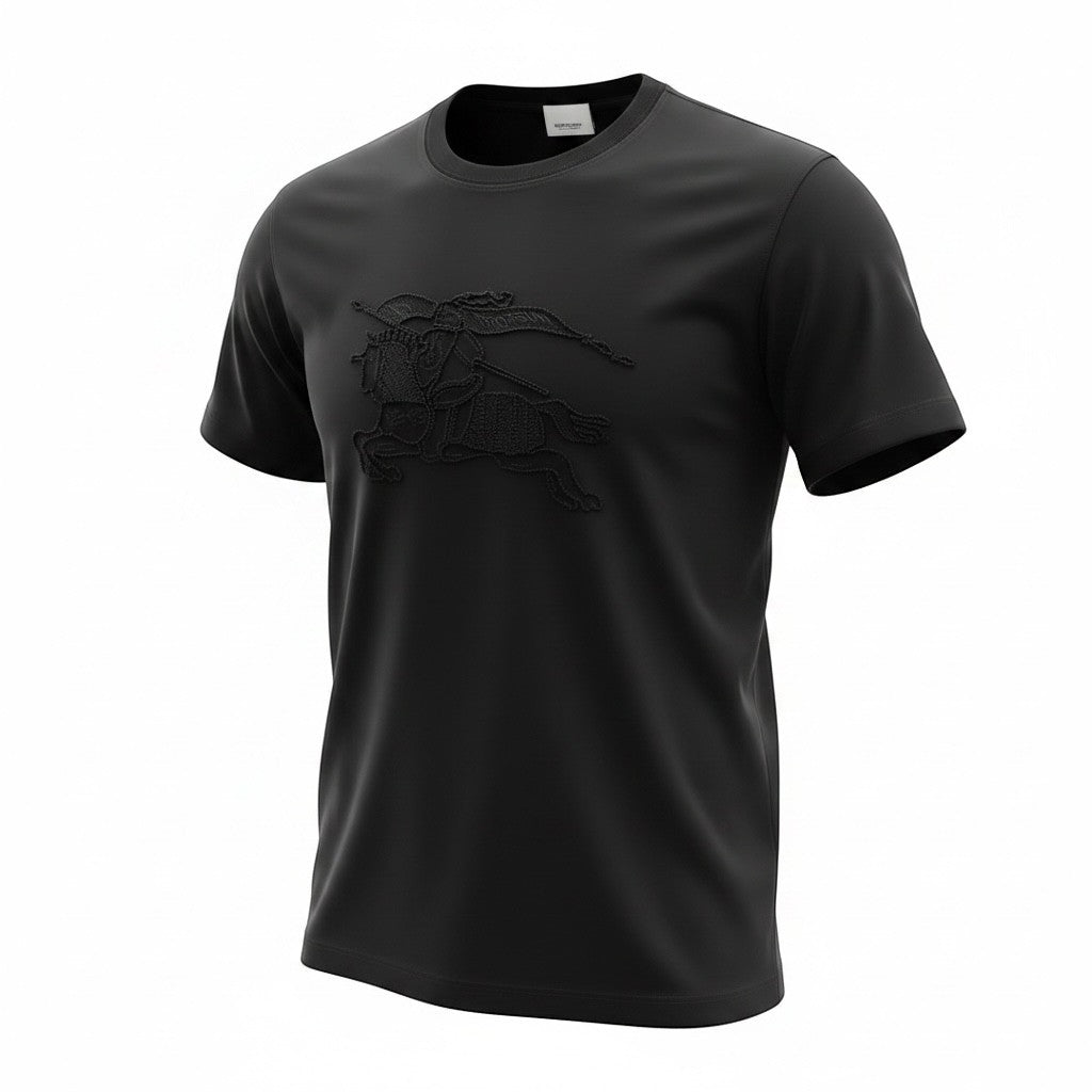 MASTERPIECE black cotton t-shirt with tonal embossed Burberry knight logo. Classic crew neck, short sleeves.
