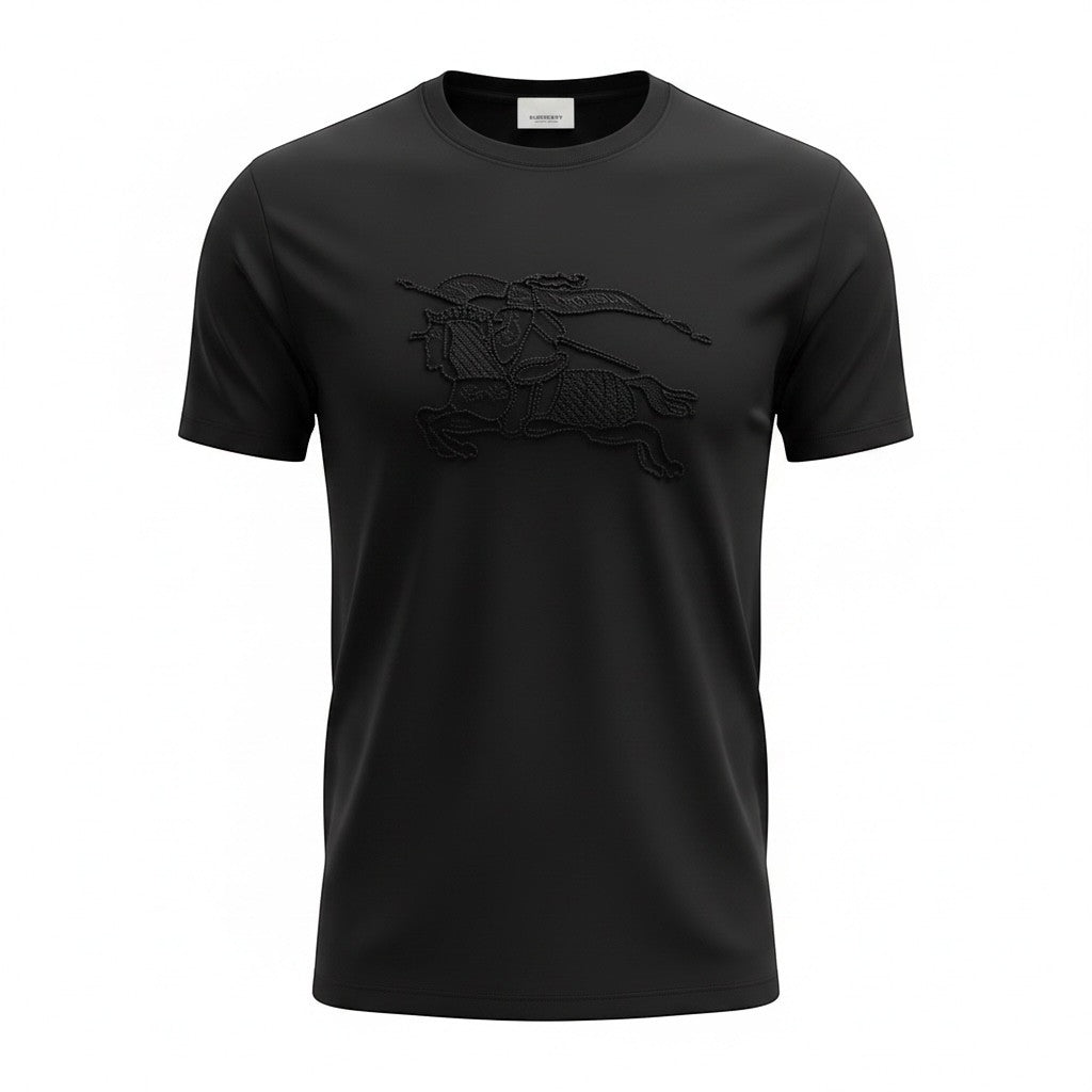 MASTERPIECE black cotton t-shirt with tonal embossed Burberry knight logo. Classic crew neck, short sleeves.