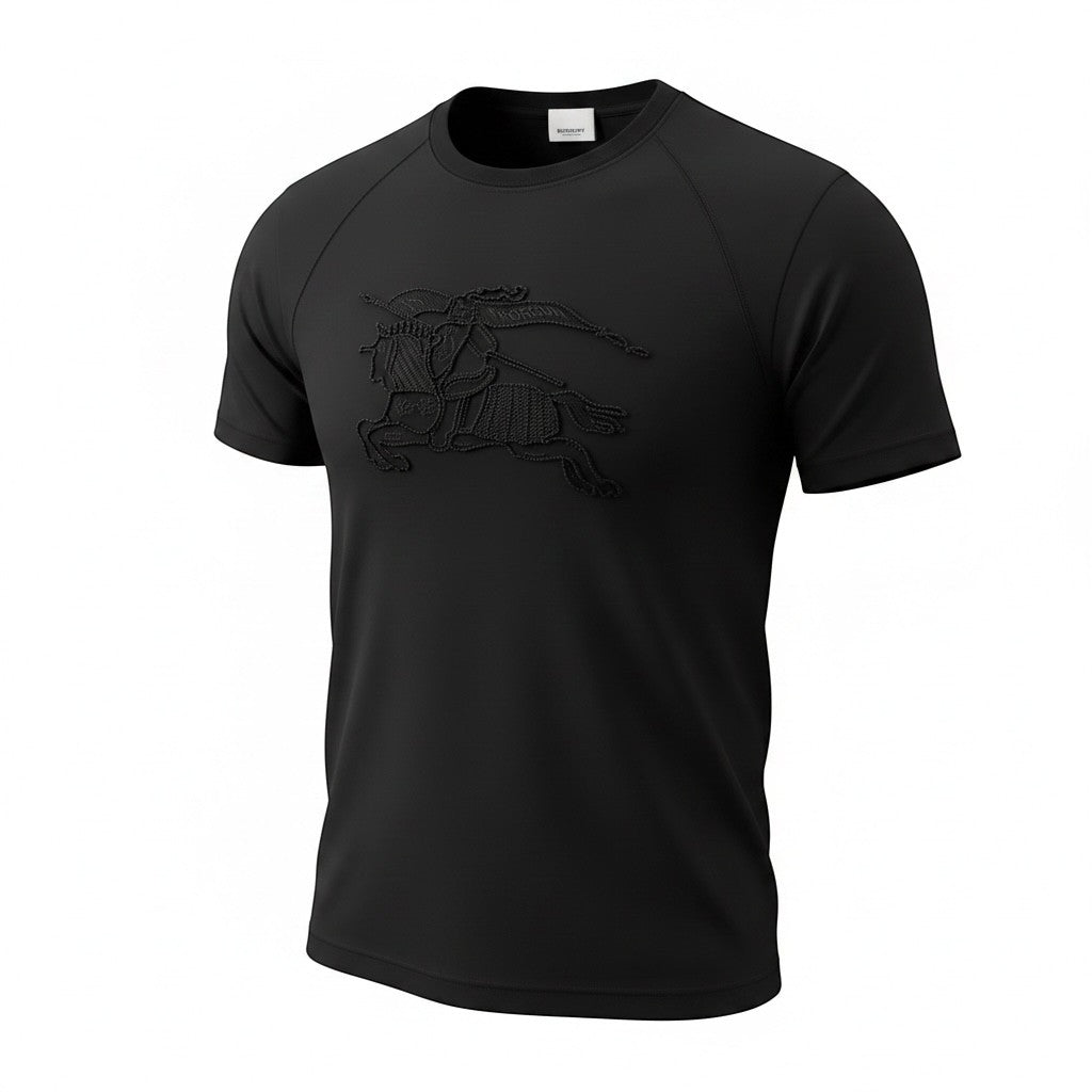 MASTERPIECE black cotton t-shirt with tonal embossed Burberry knight logo. Classic crew neck, short sleeves.