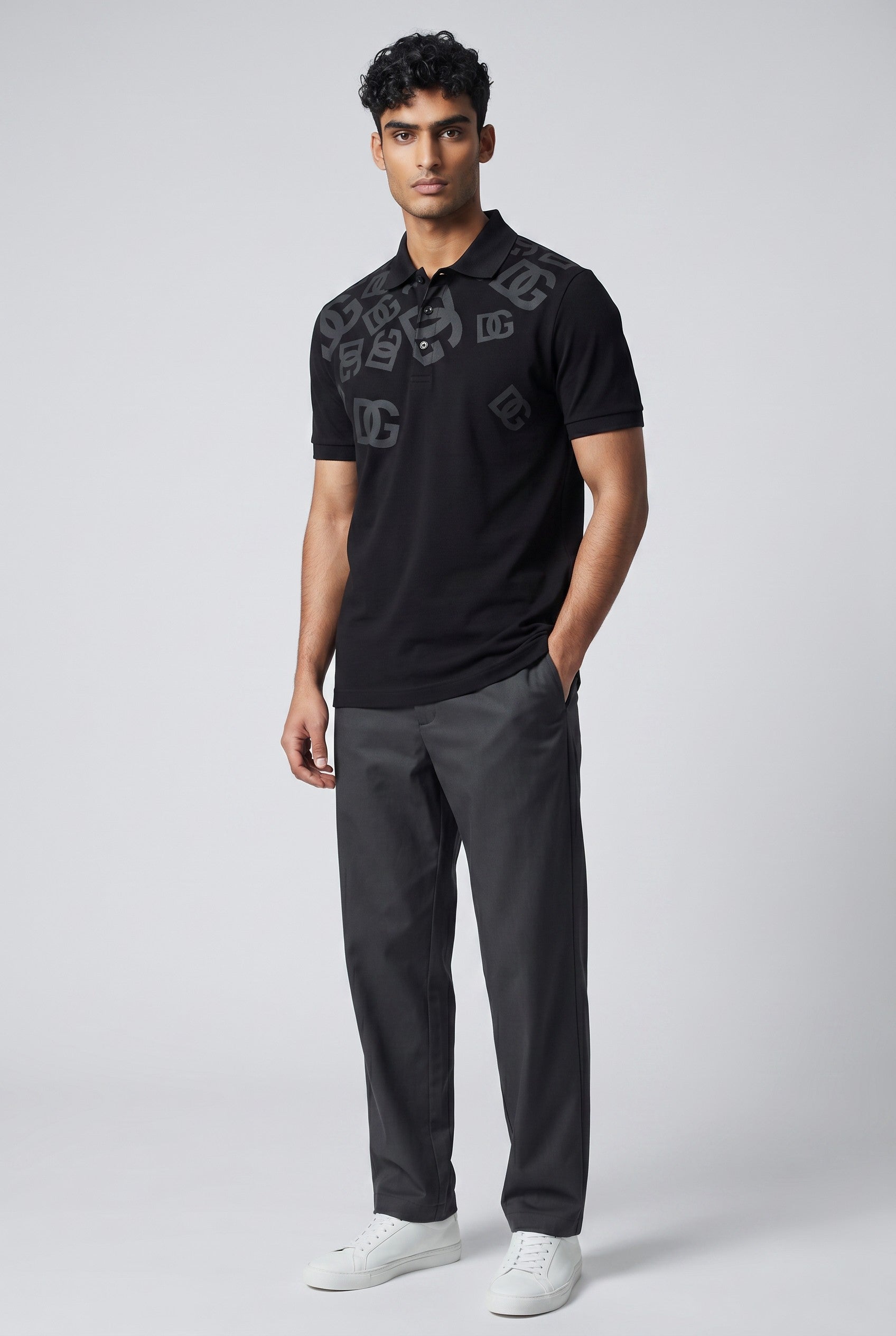 MASTERPIECE black short-sleeve polo shirt with all-over subtle DG monogram print and classic collar.