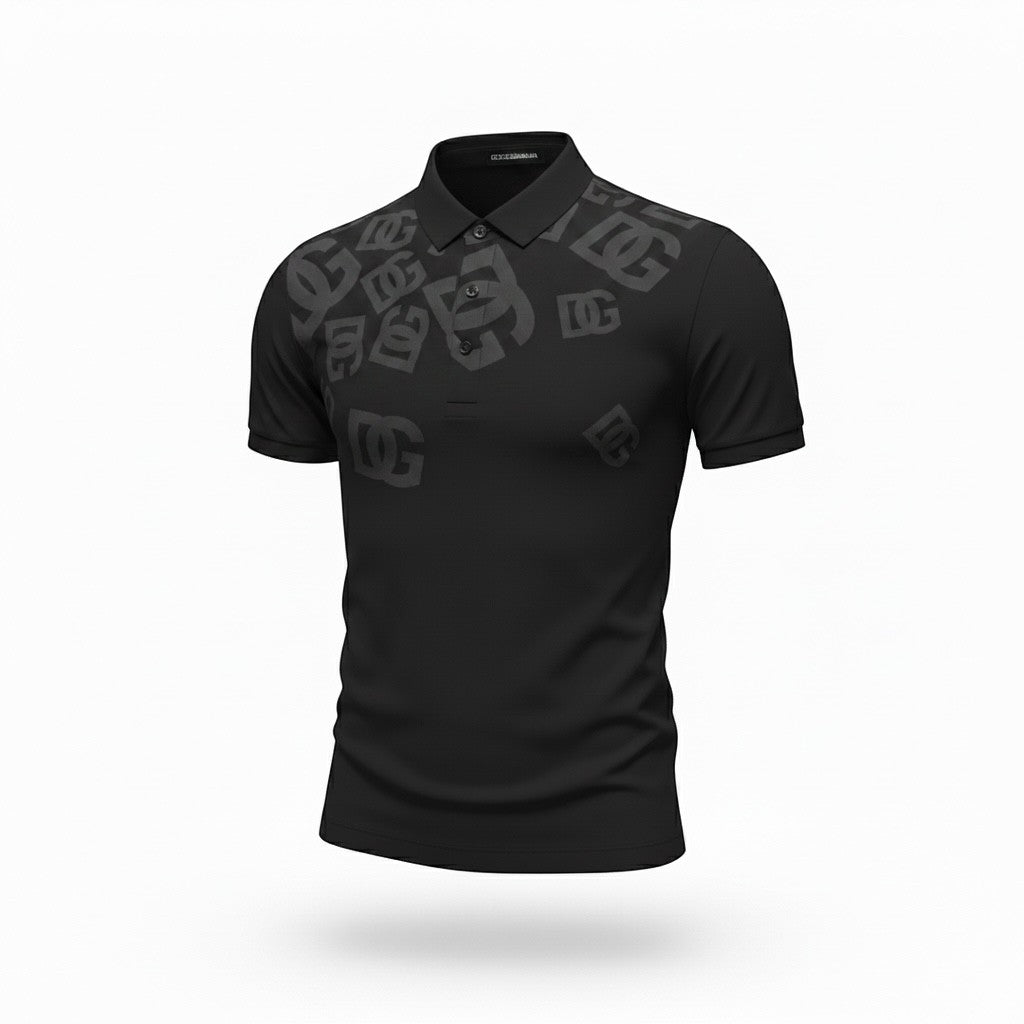 MASTERPIECE black short-sleeve polo shirt with all-over subtle DG monogram print and classic collar.