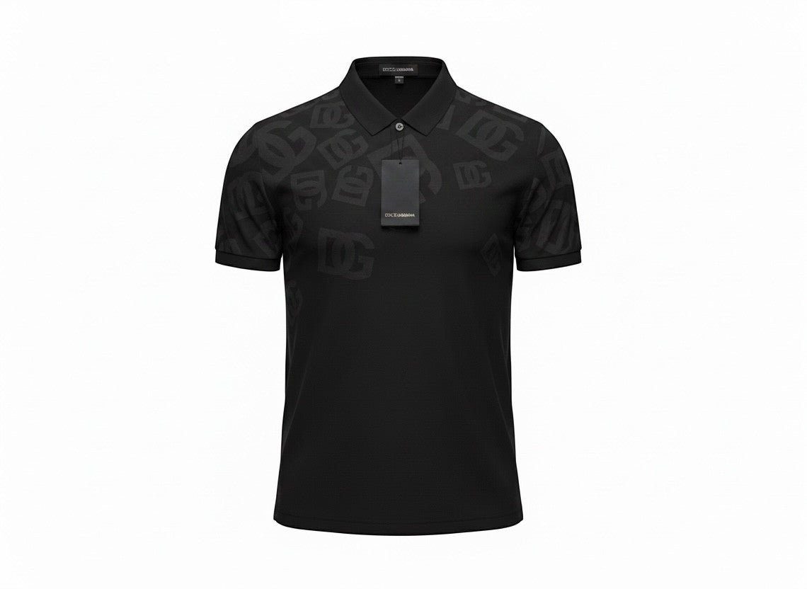 MASTERPIECE black short-sleeve polo shirt with all-over subtle DG monogram print and classic collar.