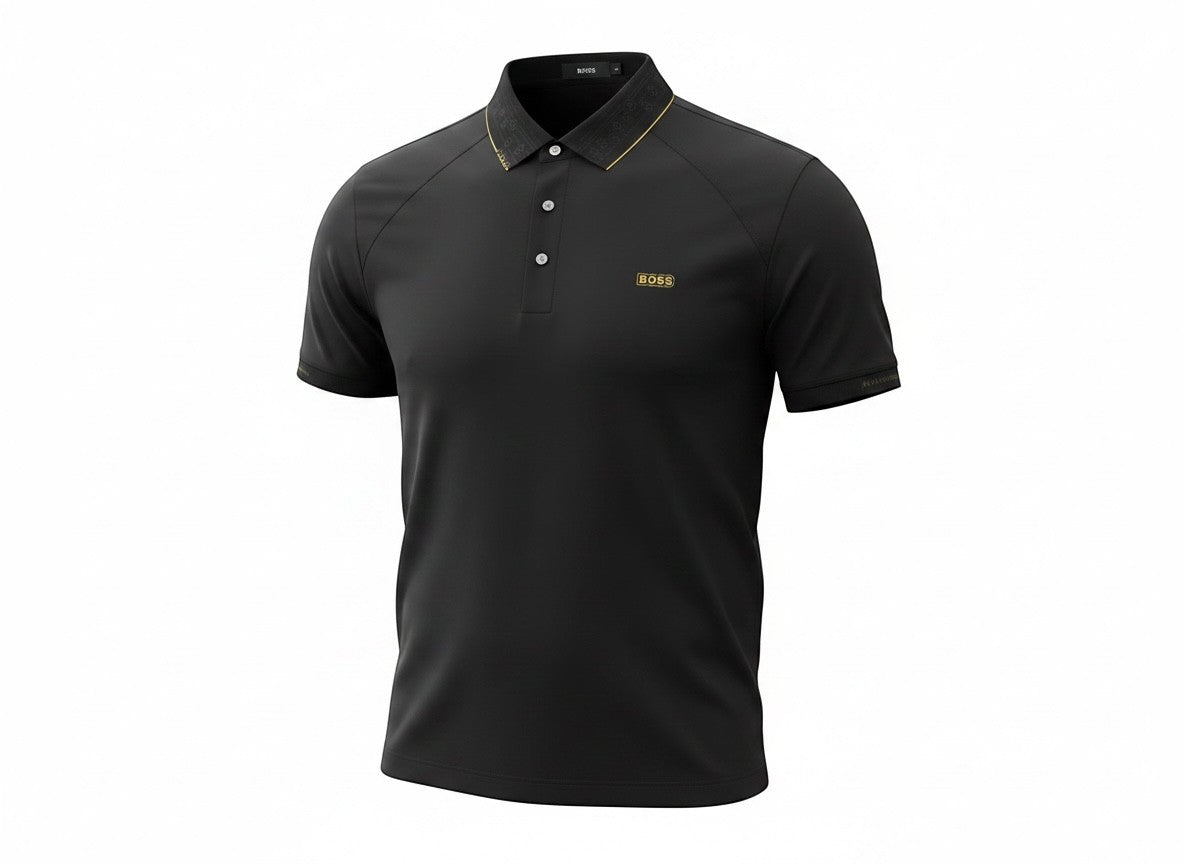 MASTERPIECE black polo shirt with gold BOSS logo on chest and gold trim on collar. Tailored fit, premium breathable fabric.