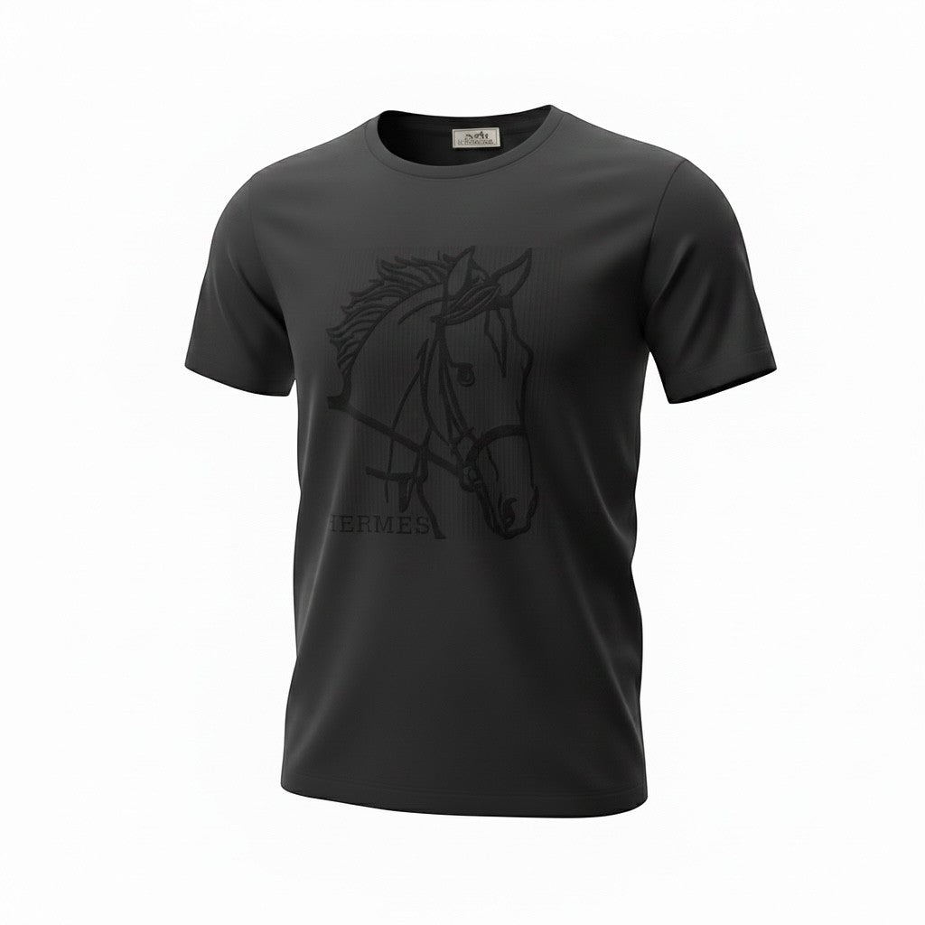 MASTERPIECE black tonal t-shirt with embossed horse graphic and subtle branding. Premium smooth fabric, tailored fit.
