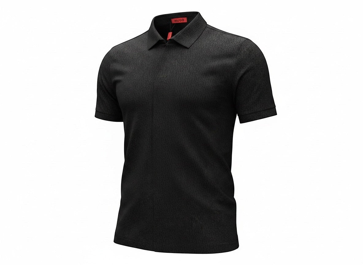 MASTERPIECE black short-sleeve polo shirt with all-over HUGO monogram pattern and structured collar.