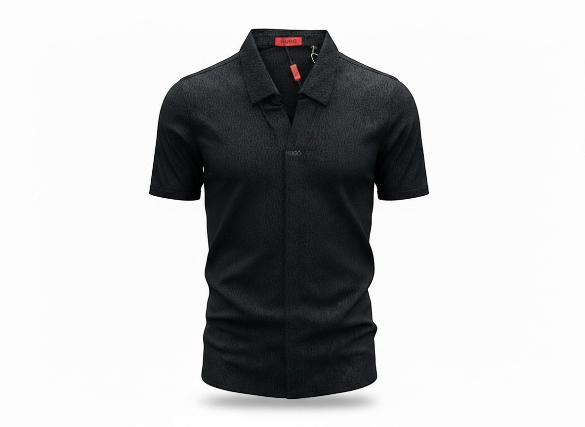 MASTERPIECE black HUGO all-over monogram short-sleeve collared shirt with a premium lightweight feel.