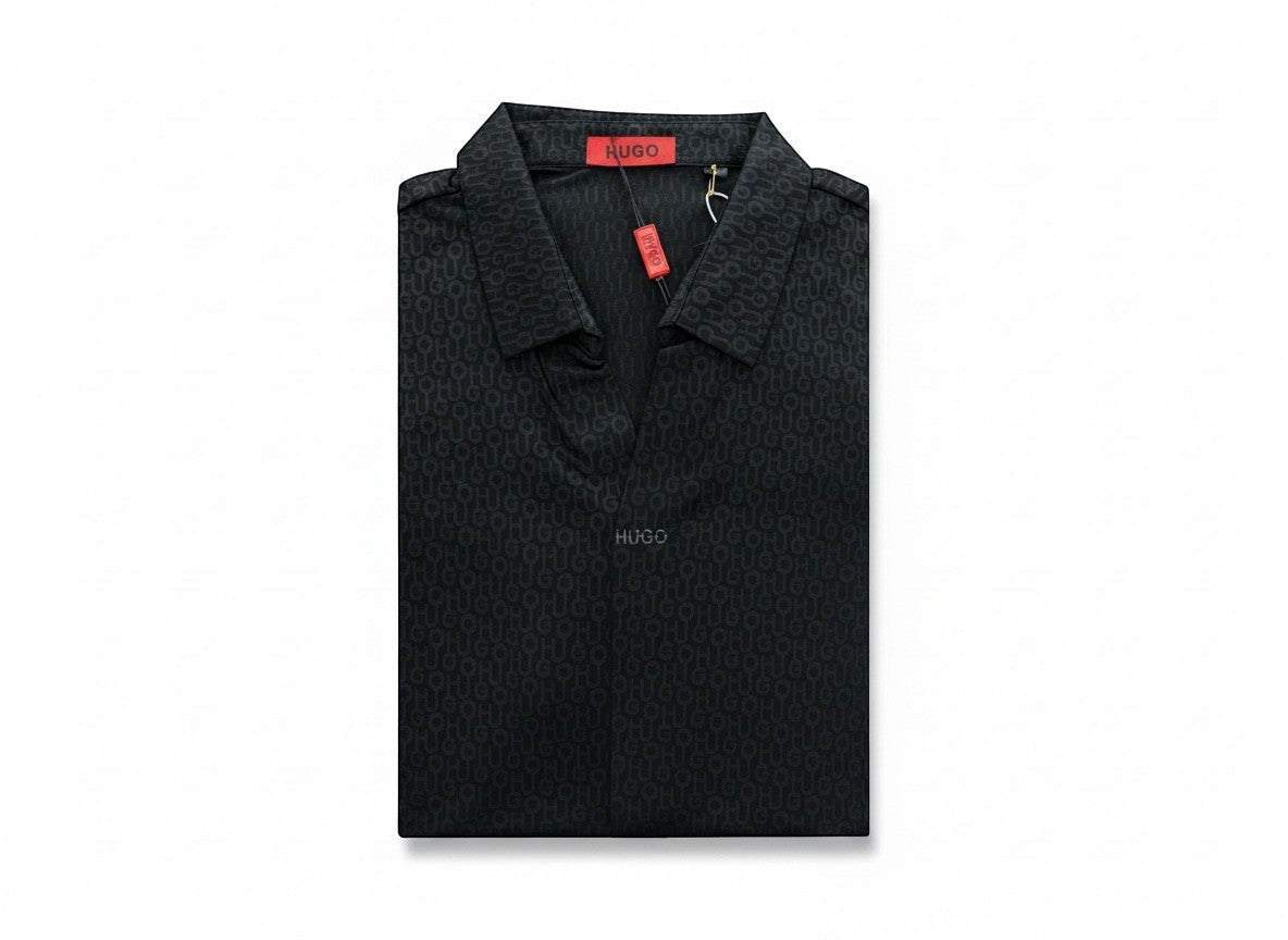 MASTERPIECE black HUGO all-over monogram button-up shirt with structured collar and premium lightweight fabric.