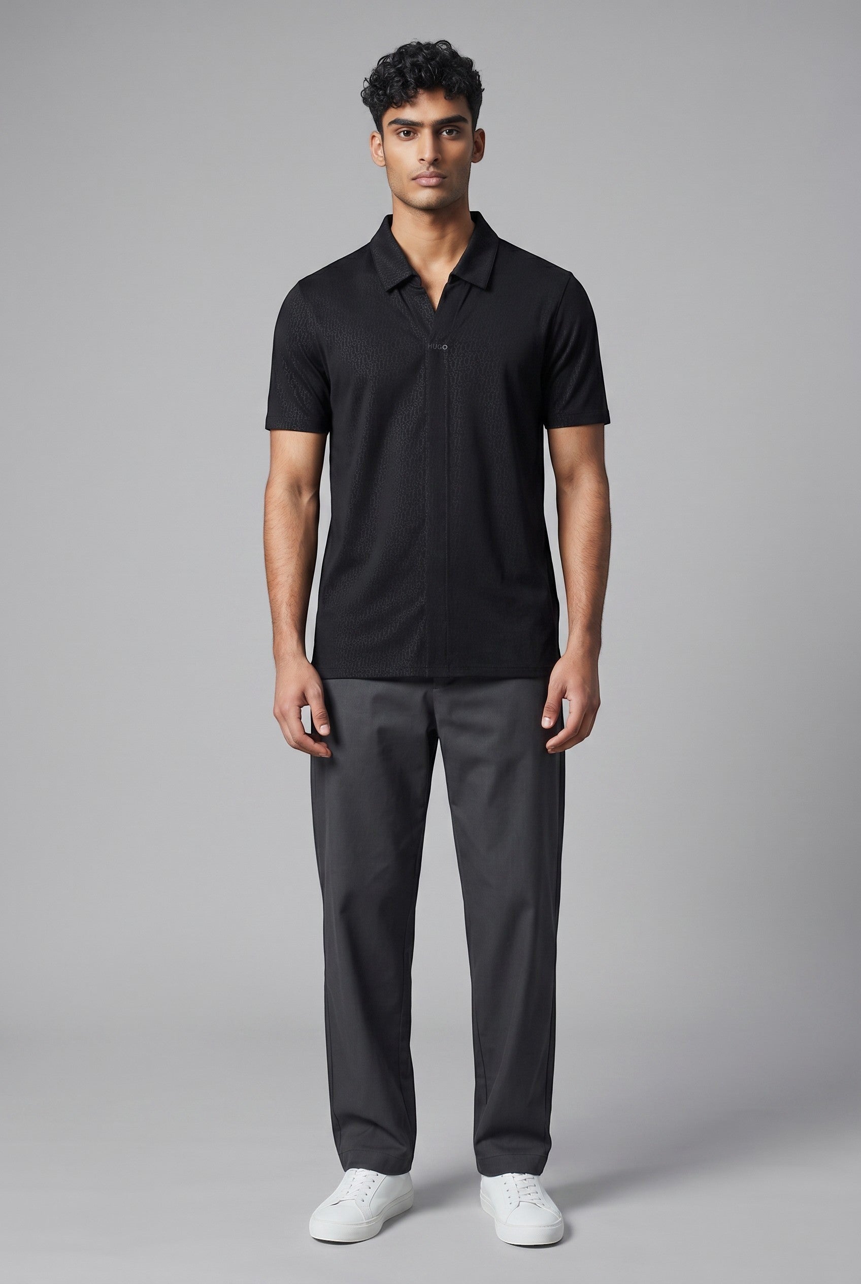 MASTERPIECE black HUGO all-over monogram short-sleeve collared shirt with a premium lightweight feel.