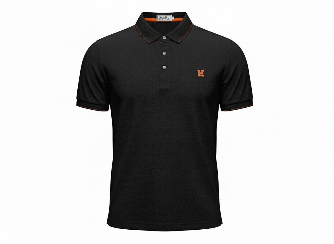 MASTERPIECE black polo shirt with orange trim and embroidered H logo. Classic collar, button placket, textured fabric.