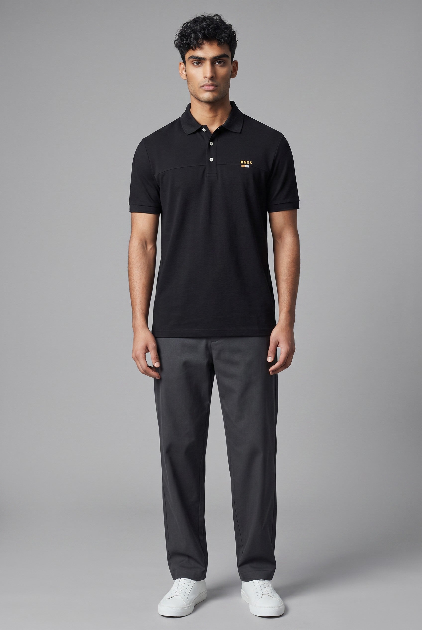 MASTERPIECE black textured fabric polo shirt with subtle perforated logo detail and minimal chest accent.