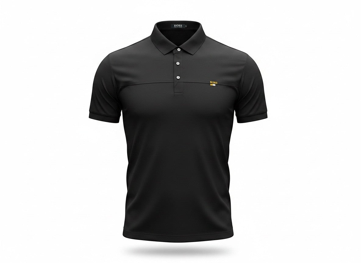 MASTERPIECE black textured fabric polo shirt with subtle perforated logo detail and minimal chest logo accent.