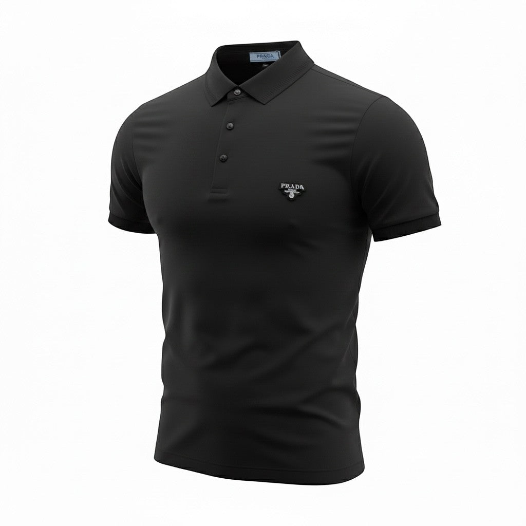MASTERPIECE black short-sleeve polo shirt with classic Prada logo on chest and button placket.