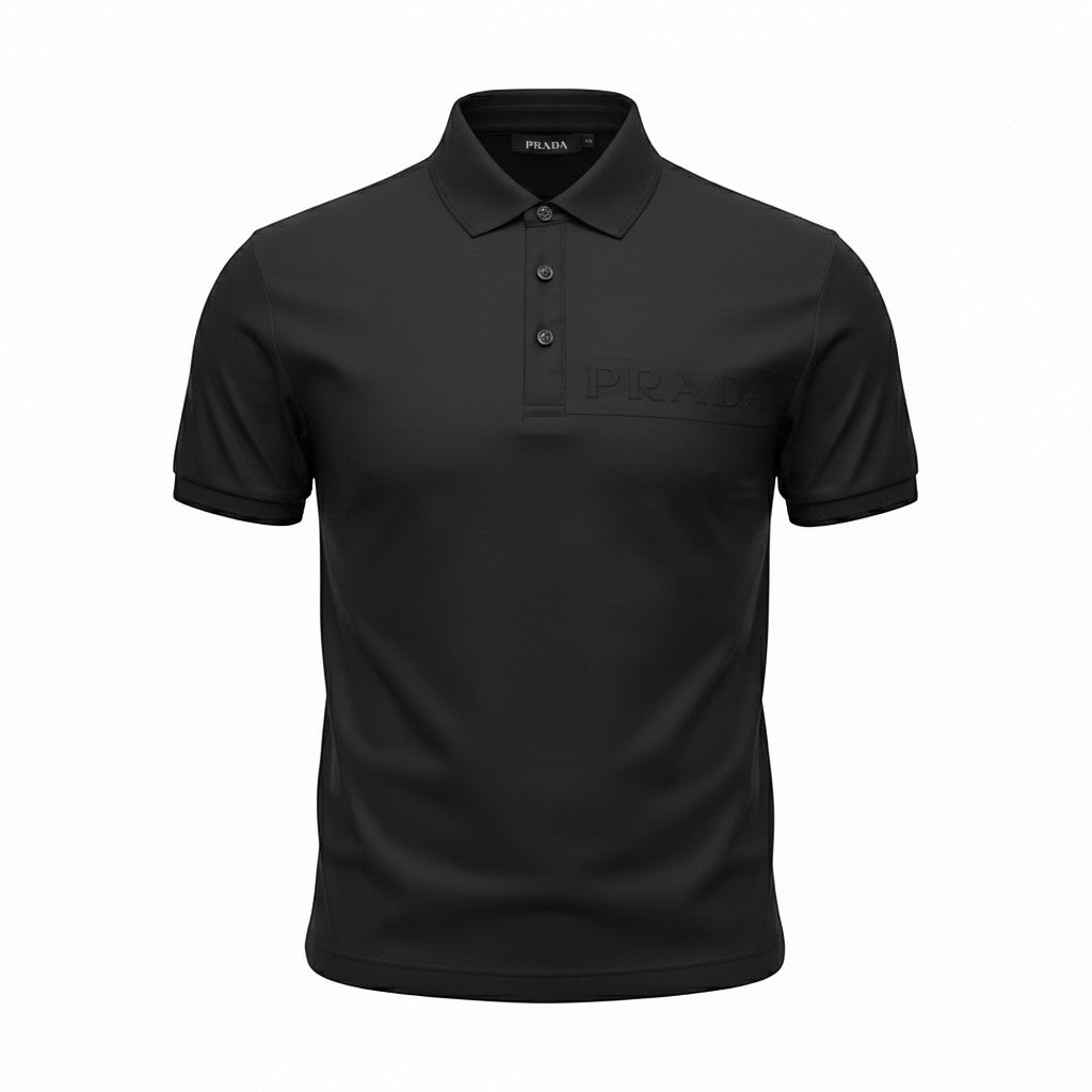 MASTERPIECE black stretch fabric polo shirt with tonal embossed Prada logo on chest and button placket.