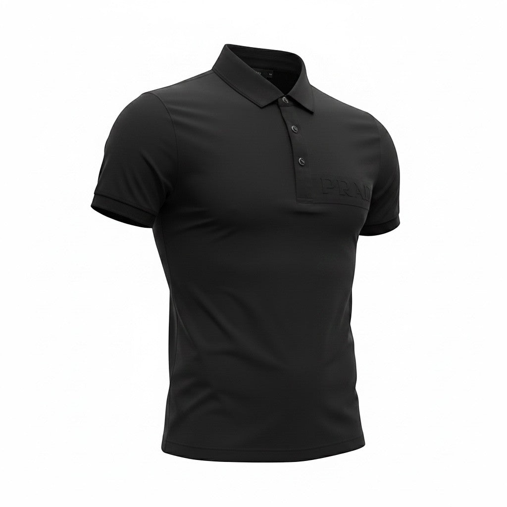 MASTERPIECE black stretch fabric polo shirt with tonal embossed Prada logo on chest, classic collar, and button placket.