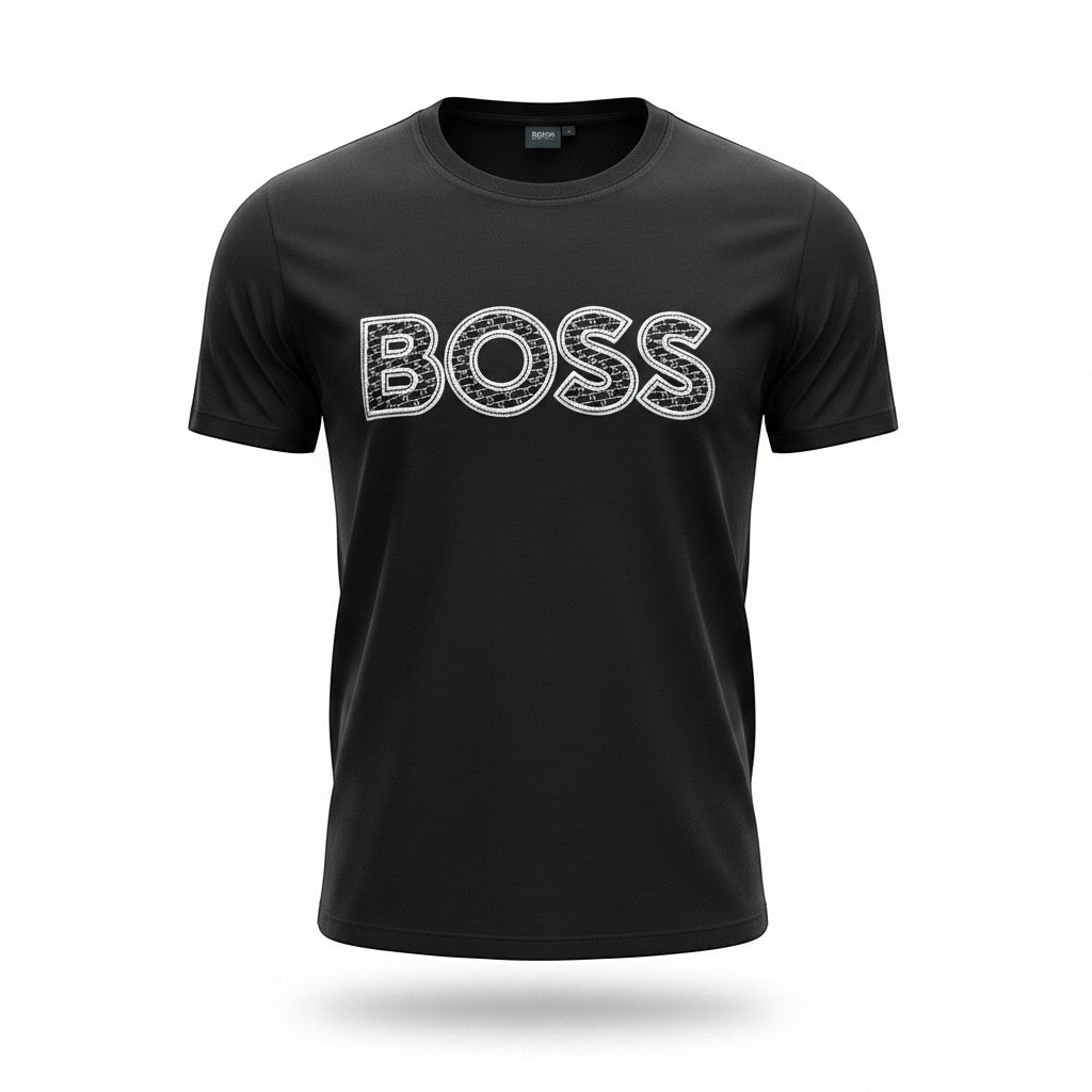 MASTERPIECE black cotton t-shirt with a textured BOSS logo across the chest. Classic crew neck, short sleeves.