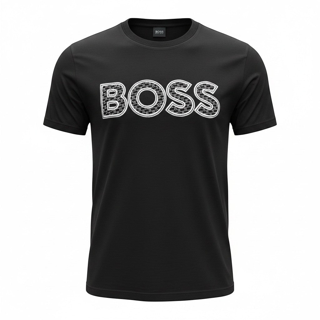 MASTERPIECE black cotton t-shirt with textured BOSS logo on chest, crew neck, short sleeves.