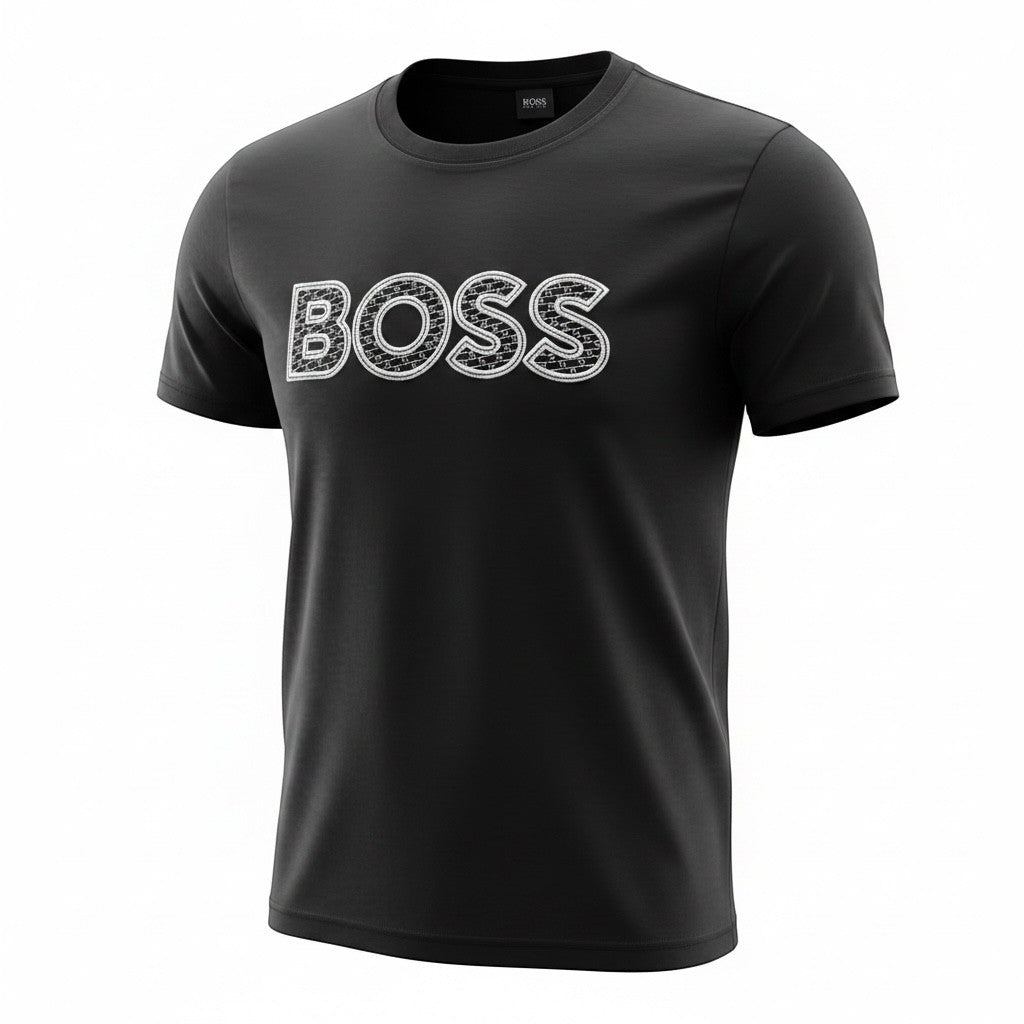 MASTERPIECE black cotton t-shirt with textured BOSS logo on chest, crew neck, short sleeves.