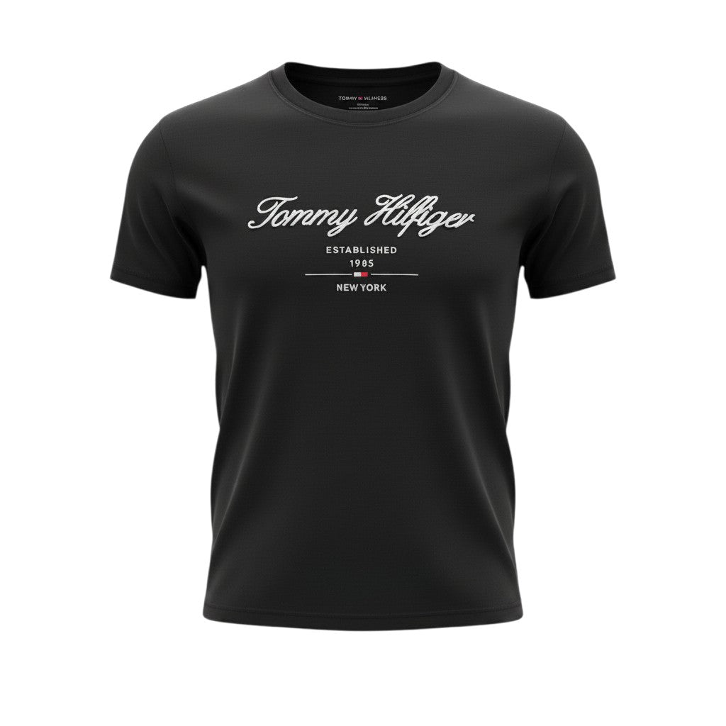MASTERPIECE black cotton t-shirt with white Tommy Hilfiger script logo and established 1985 New York detail. Crew neck, tailored fit.
