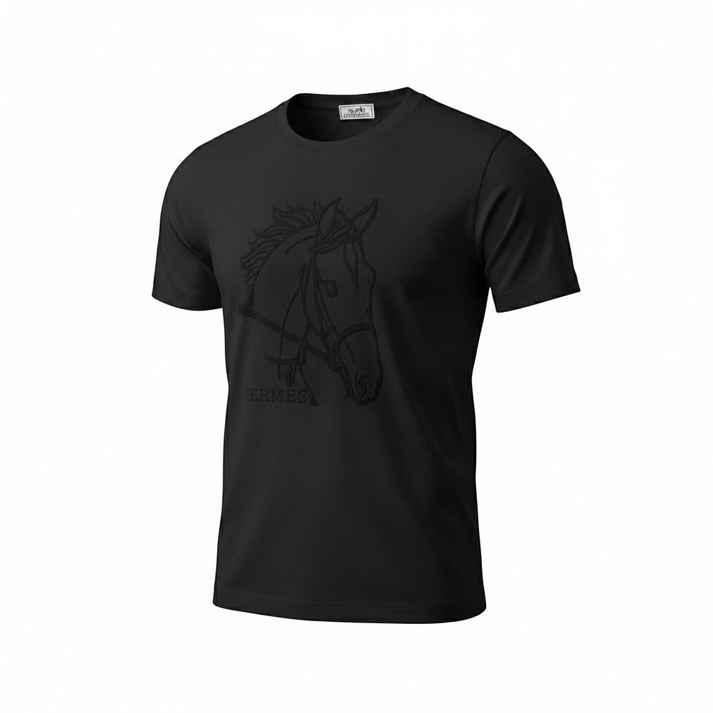 MASTERPIECE black cotton t-shirt with tonal horse graphic and subtle branding. Short sleeves, crew neck, tailored fit.