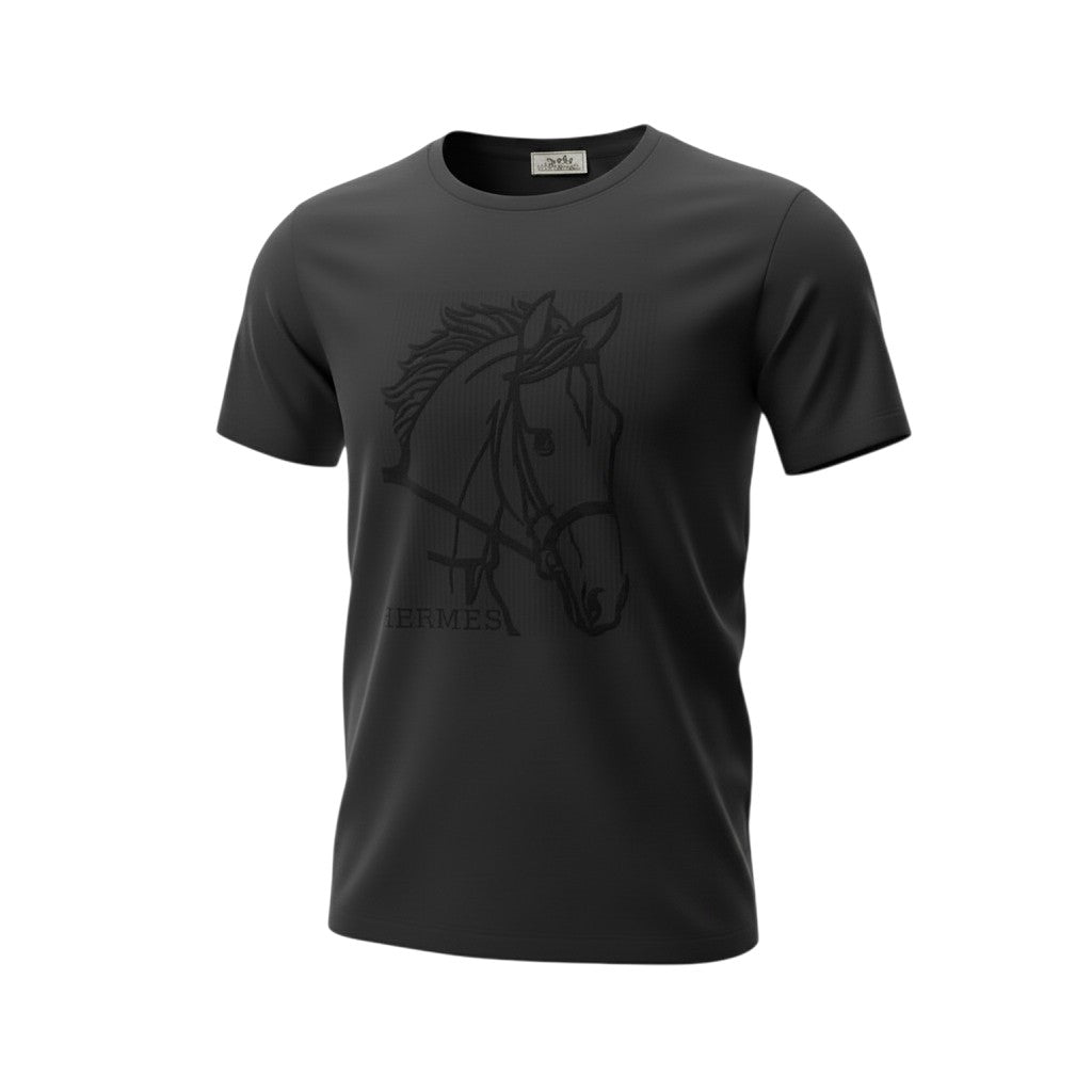 MASTERPIECE black tonal t-shirt with embossed horse graphic and subtle branding. Premium smooth fabric, tailored fit.