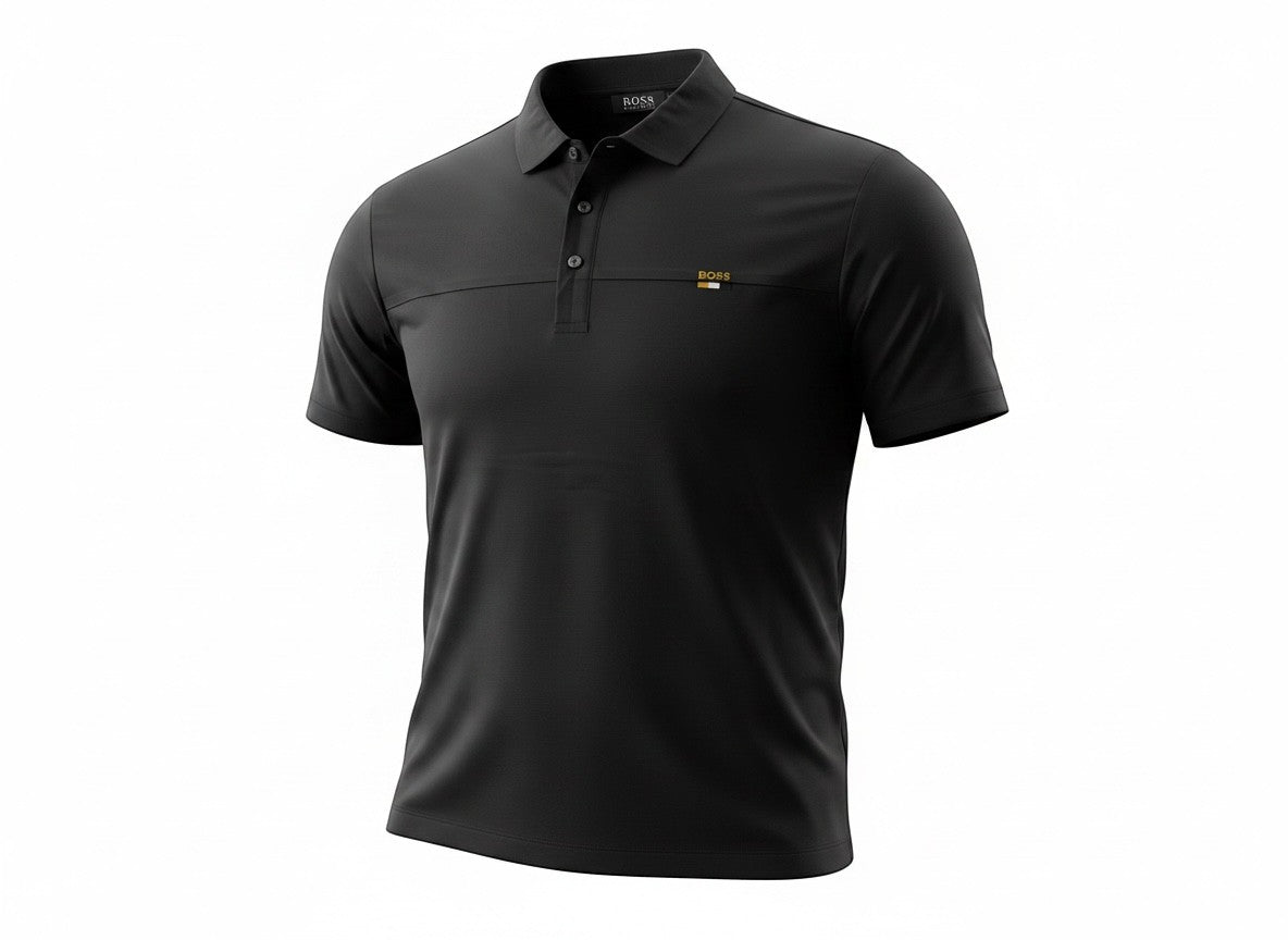 MASTERPIECE BOSS black textured fabric polo shirt with perforated logo detail and minimal chest logo.