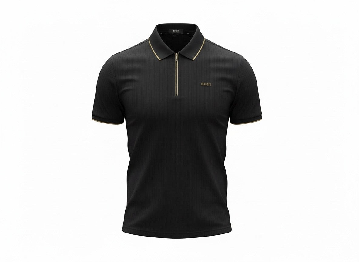 MASTERPIECE BOSS black ribbed polo shirt with gold zip and collar trim. Short sleeves, tailored fit.