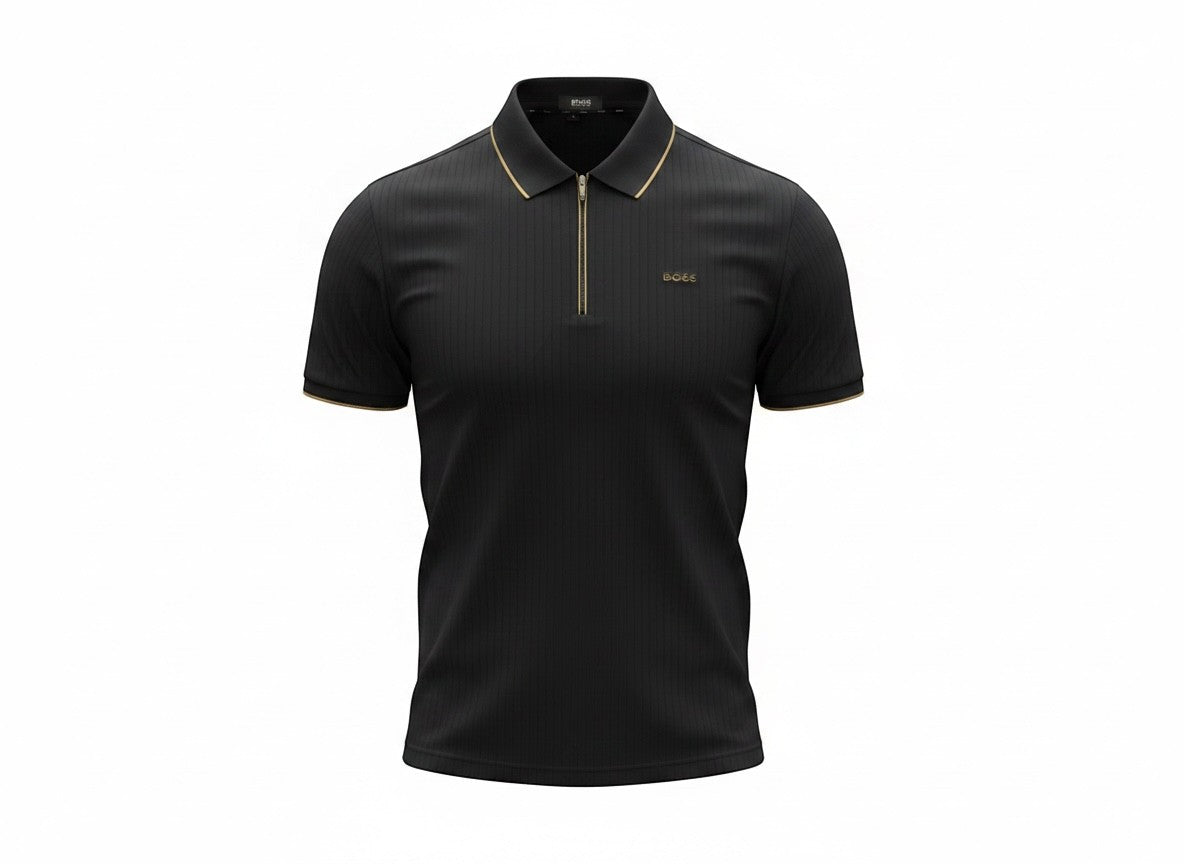 MASTERPIECE BOSS black ribbed polo shirt with zip collar and gold trim. Short sleeves, tailored fit.