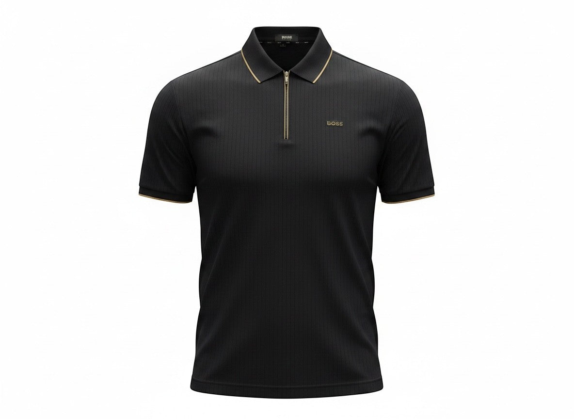 MASTERPIECE BOSS black ribbed polo shirt with gold zip and collar trim. Short sleeves, tailored fit.