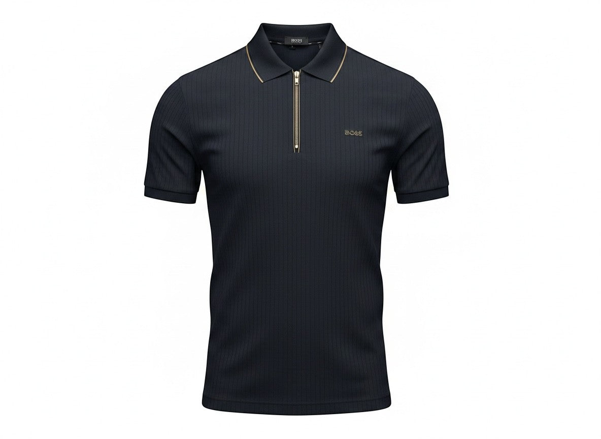 MASTERPIECE BOSS navy ribbed polo shirt with zip collar and gold-tone accents.