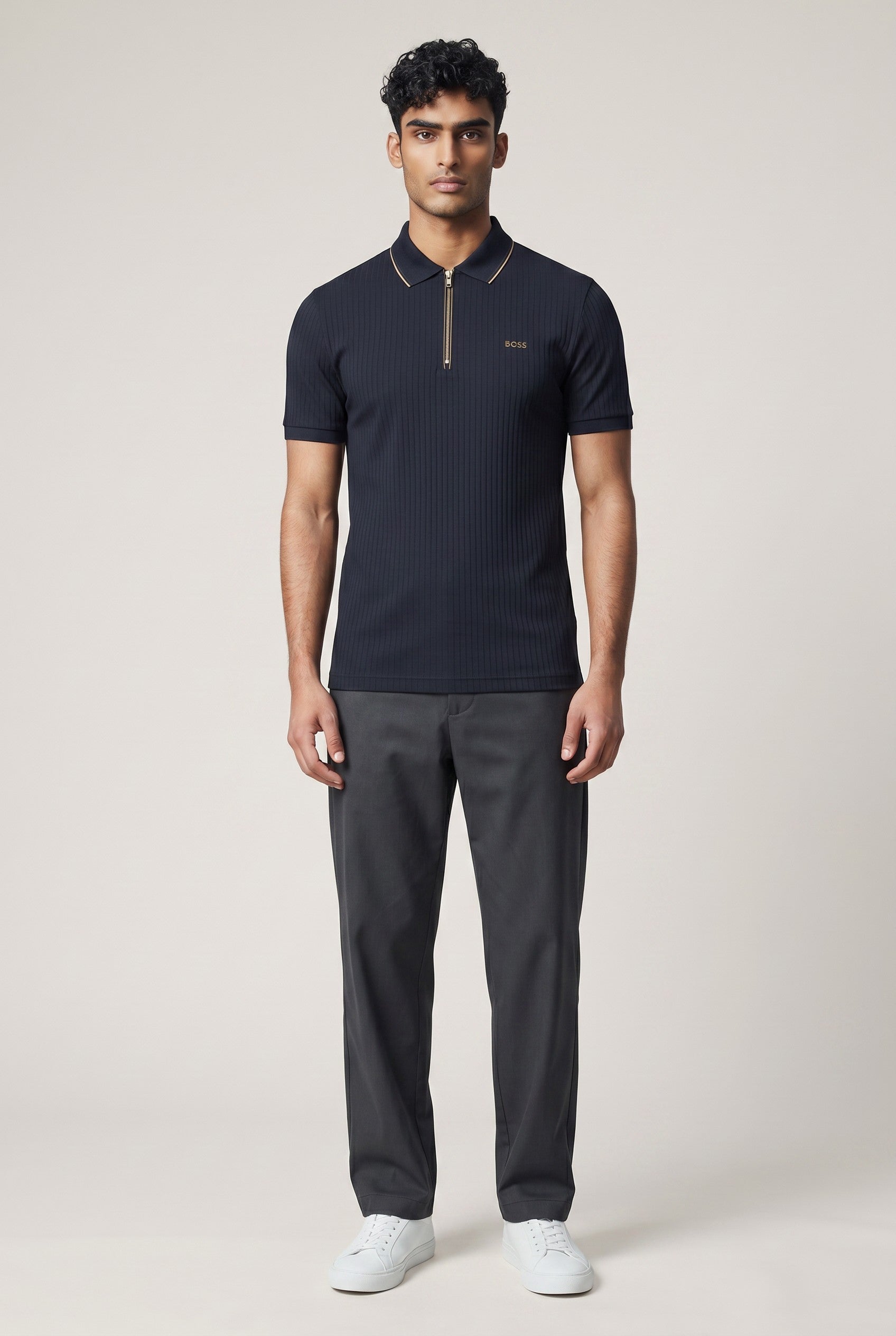 MASTERPIECE BOSS navy ribbed polo shirt with zip collar and gold-tone accents.