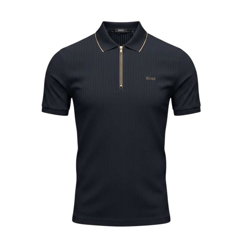 MASTERPIECE BOSS navy ribbed polo shirt with zip collar and gold-tone accents.