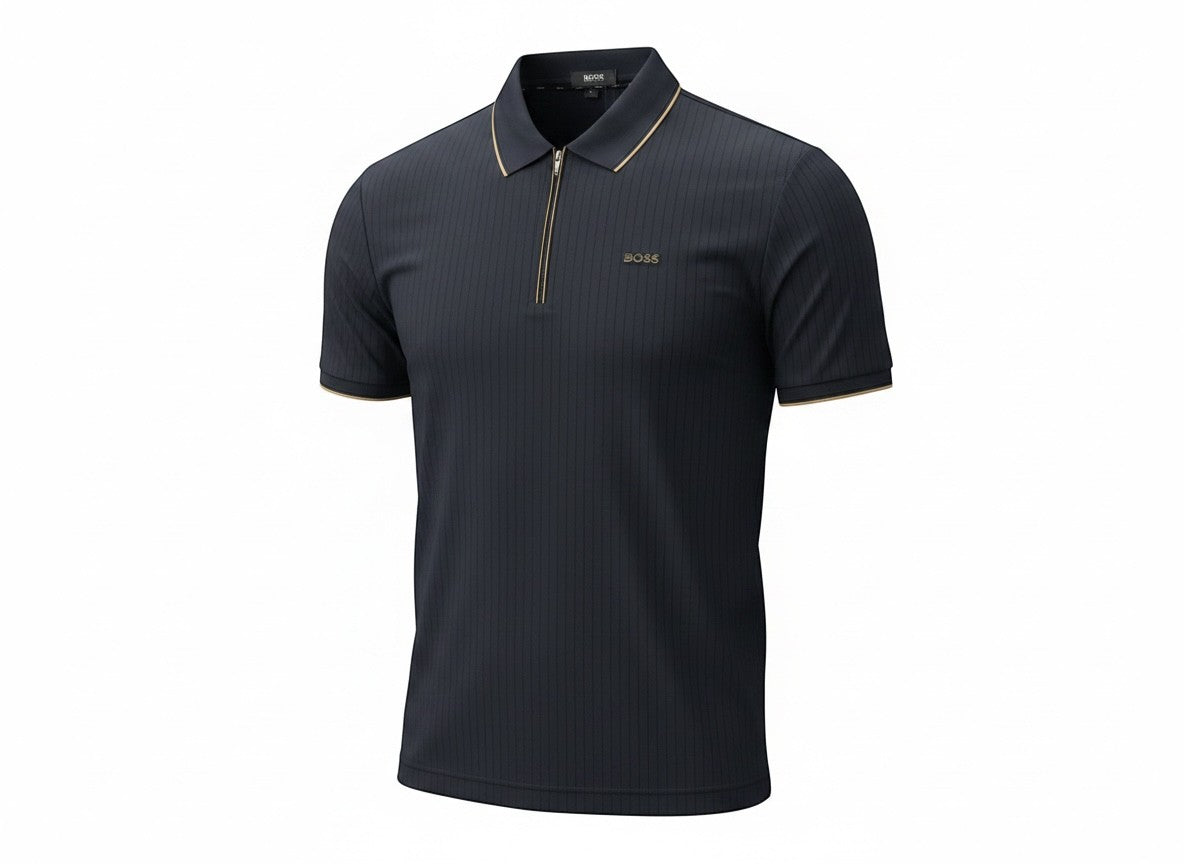 MASTERPIECE BOSS navy ribbed polo shirt with zip collar and gold-tone accents. Short sleeves, tailored fit.