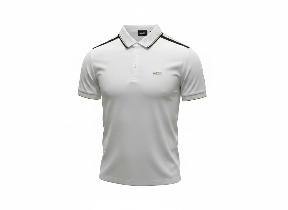 MASTERPIECE BOSS white polo shirt with black shoulder stripes and minimal chest logo. Breathable fabric, regular fit.