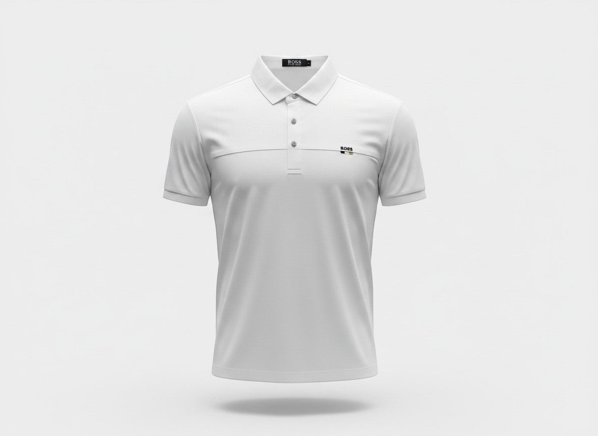 MASTERPIECE BOSS white polo shirt with subtle perforated logo detail and minimal chest logo. Textured breathable fabric, classic collar, button placket, tailored fit.