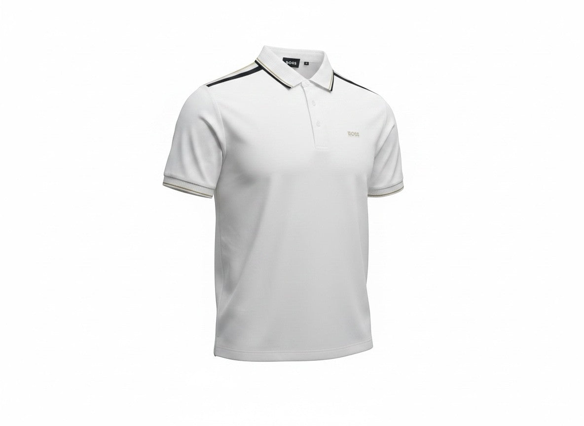 MASTERPIECE BOSS white short-sleeve polo shirt with black stripe accents on collar and sleeves, minimal logo.