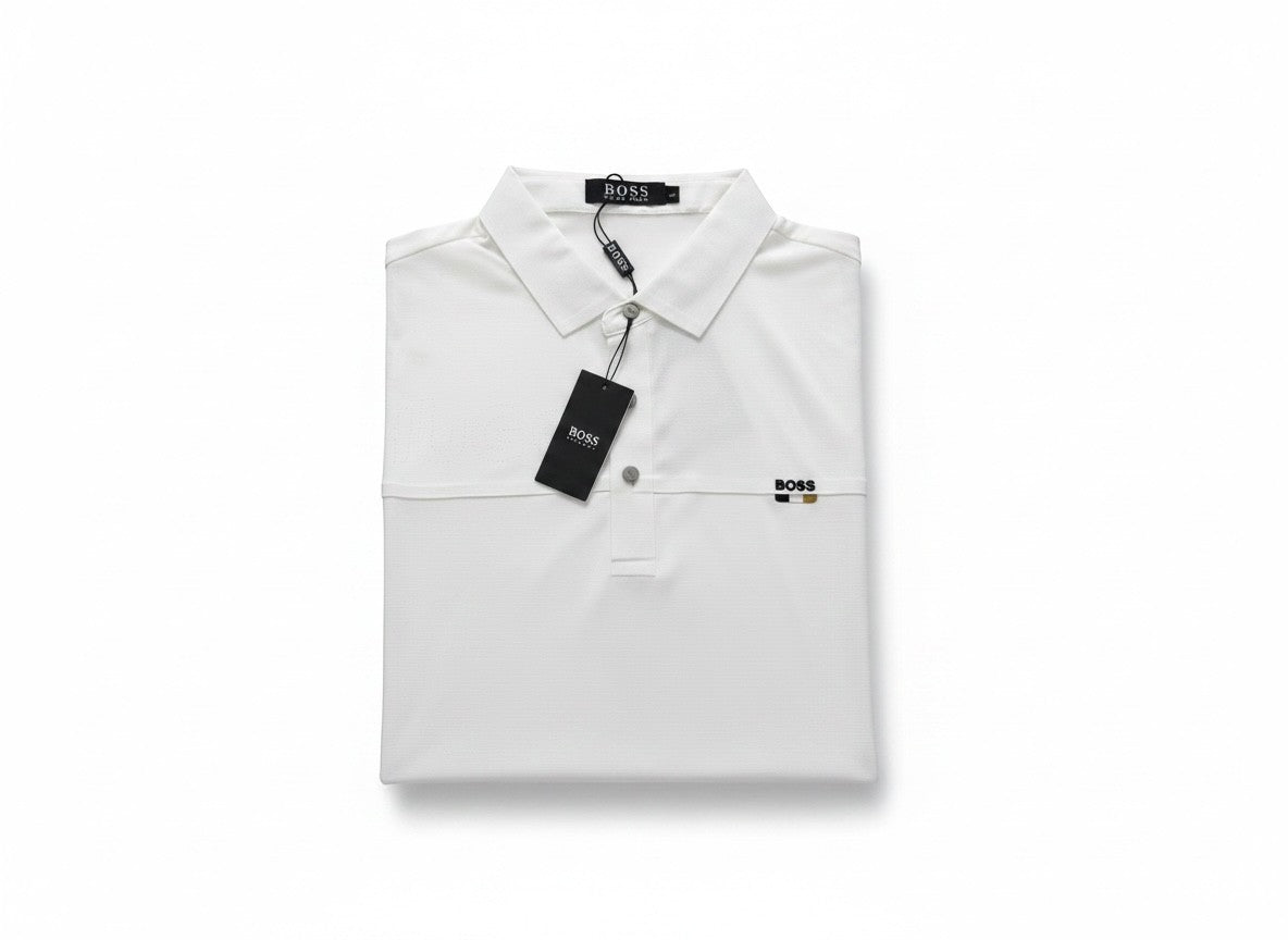 MASTERPIECE BOSS white polo shirt with textured breathable fabric, perforated logo detail, and minimal chest logo. Tailored fit.