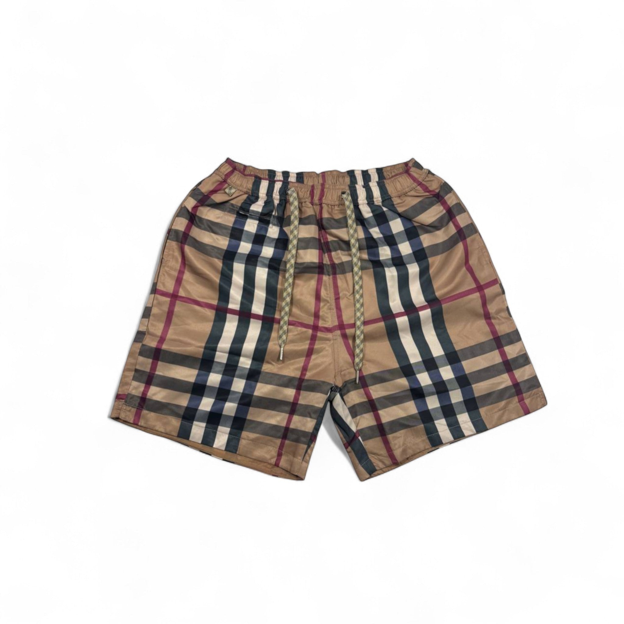 MASTERPIECE beige checkered swim shorts with drawstring and elastic waistband, classic cut.