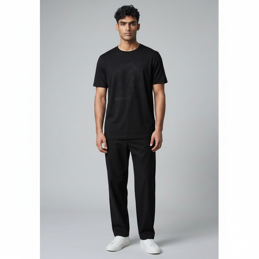 MASTERPIECE men's dark grey t-shirt with tonal horse graphic and subtle Hermès branding. Premium fabric, tailored fit.
