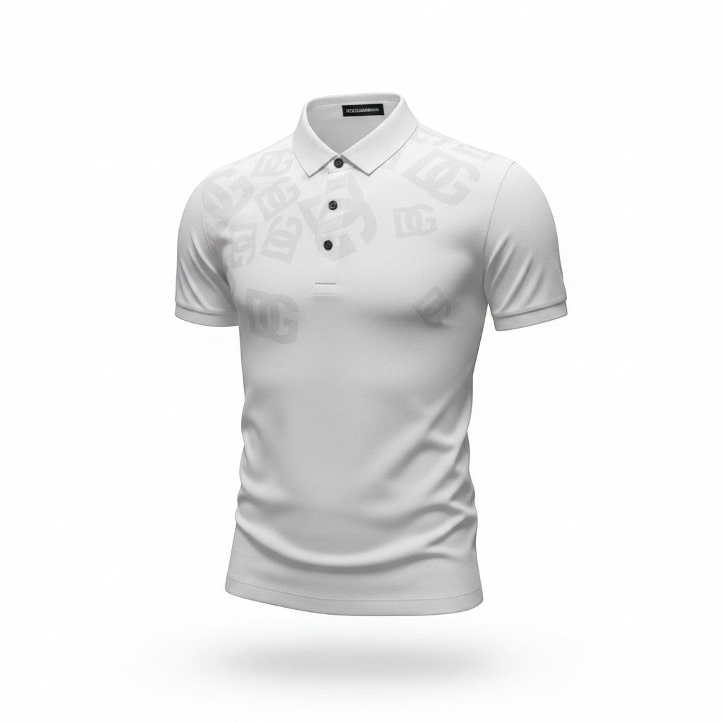 MASTERPIECE presents the Dolce & Gabbana white polo shirt with all-over subtle DG monogram print. Features a classic collar and button placket.
