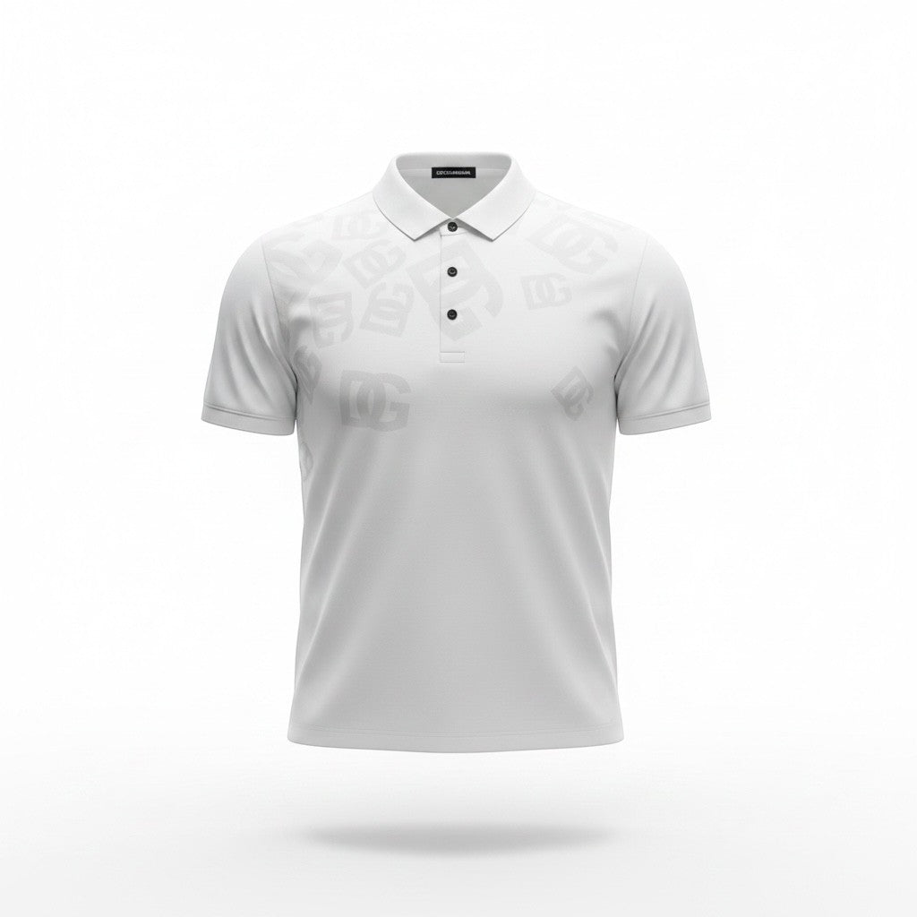 MASTERPIECE Dolce & Gabbana white polo shirt with all-over subtle DG monogram print and black button placket.