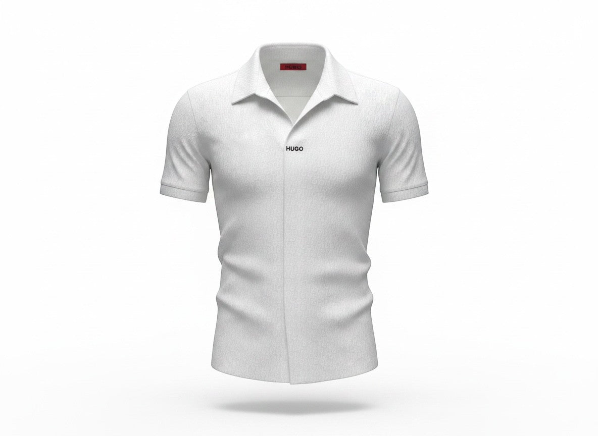 MASTERPIECE HUGO white short-sleeve polo shirt with subtle all-over monogram pattern and structured collar.