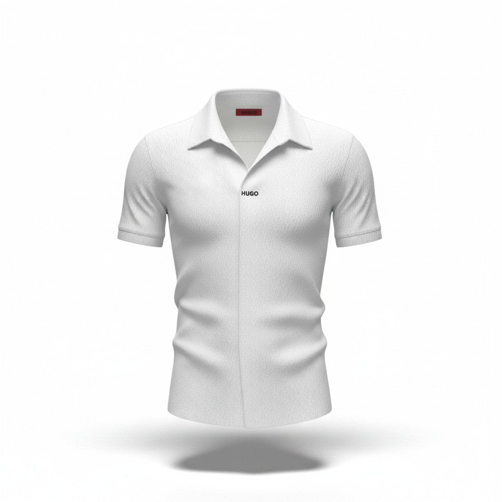 MASTERPIECE HUGO white short-sleeve polo shirt with all-over monogram pattern and structured collar.