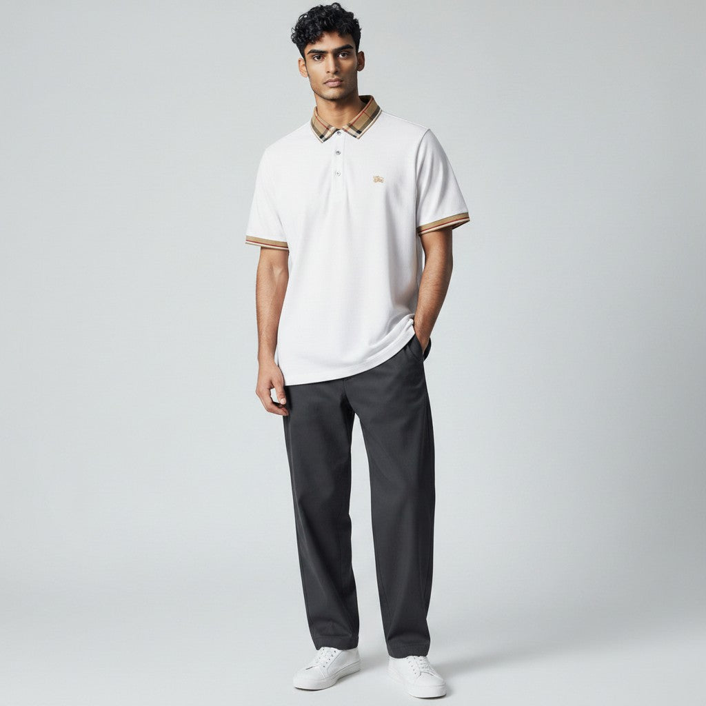 MASTERPIECE white short-sleeve polo shirt with iconic Burberry check collar and sleeve trim, featuring embroidered logo.