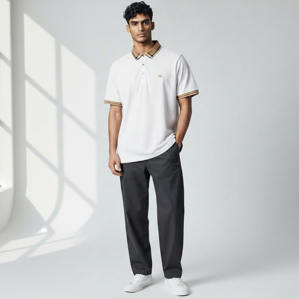 MASTERPIECE white cotton polo shirt with iconic Burberry check collar and sleeve trim, embroidered logo on chest.