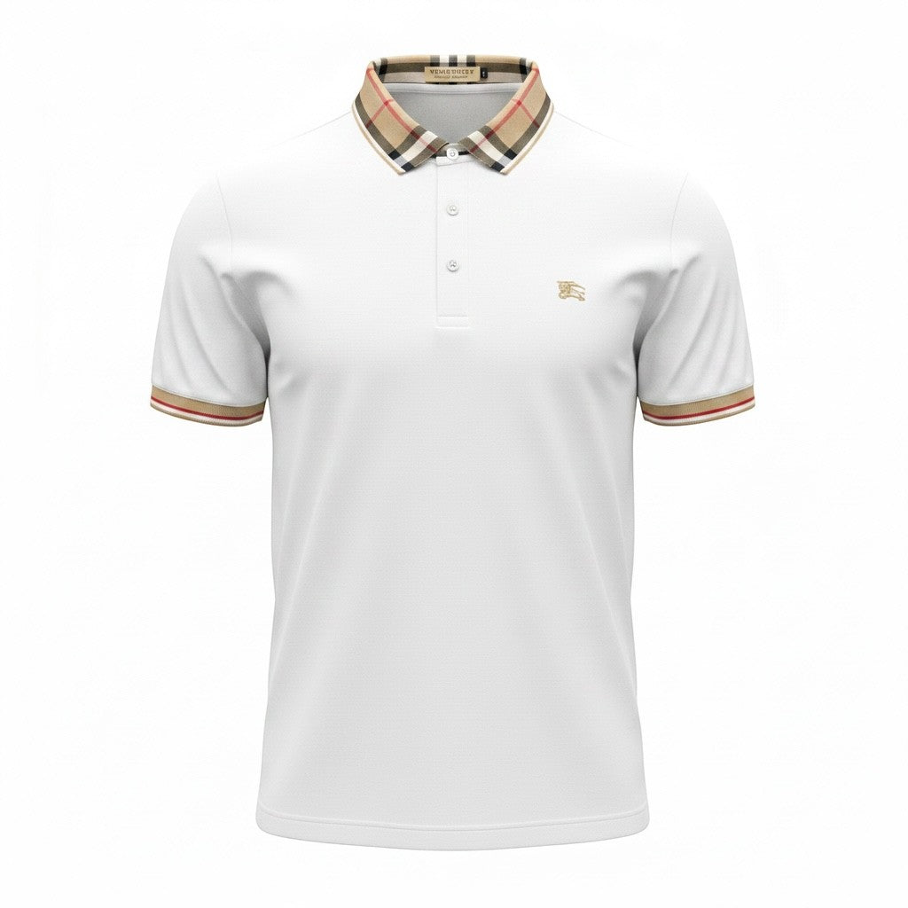 MASTERPIECE white cotton polo shirt with iconic Burberry check collar and sleeve trim, embroidered logo on chest.